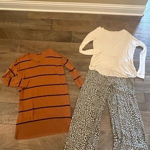 LOFT XS lot- Green & White Patterned Pants with long sleeve top & sweater dress